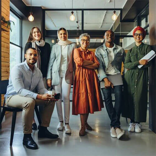 Group photo at workplace with diverse team smiling